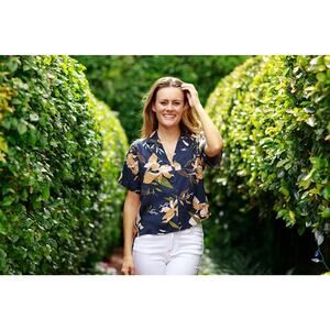 NWT Navy Button Down Floral Top - L